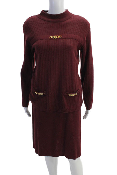 Adolfo Womens Turtleneck Sweater Skirt Set Wine Red Wool Blend Size Small