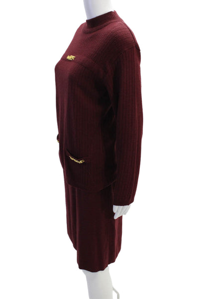 Adolfo Womens Turtleneck Sweater Skirt Set Wine Red Wool Blend Size Small