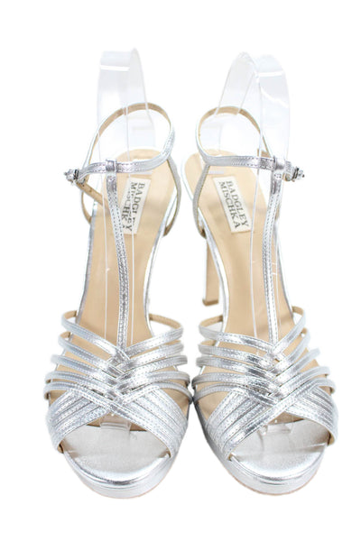 Badgley Mischka Womens Leather Slingbacks Angelica Sandal Heels Silver Size 9