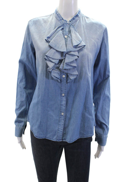 NSF Womens Cotton Ruffle Trim Long Sleeve Button Up Denim Blouse Top Blue Size M