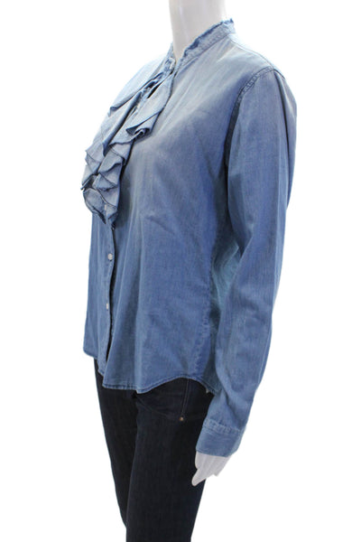 NSF Womens Cotton Ruffle Trim Long Sleeve Button Up Denim Blouse Top Blue Size M