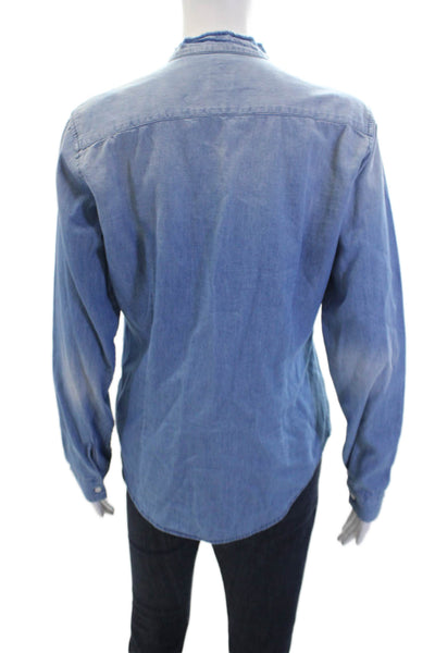 NSF Womens Cotton Ruffle Trim Long Sleeve Button Up Denim Blouse Top Blue Size M