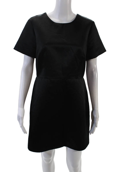 J Crew Womens Back Zip Short Sleeve Crew Neck Satin Mini Dress Black Size 10