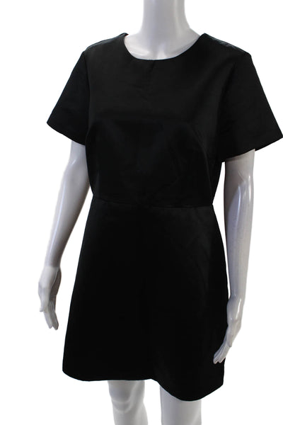 J Crew Womens Back Zip Short Sleeve Crew Neck Satin Mini Dress Black Size 10
