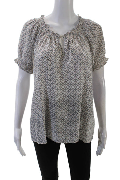 Joie Womens Short Sleeve Smocked Off Shoulder Abstract Top White Black Large