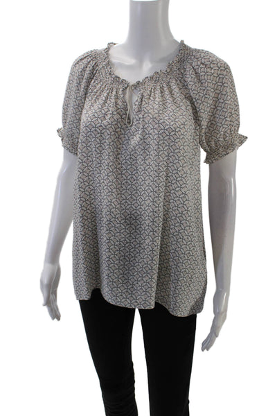 Joie Womens Short Sleeve Smocked Off Shoulder Abstract Top White Black Large