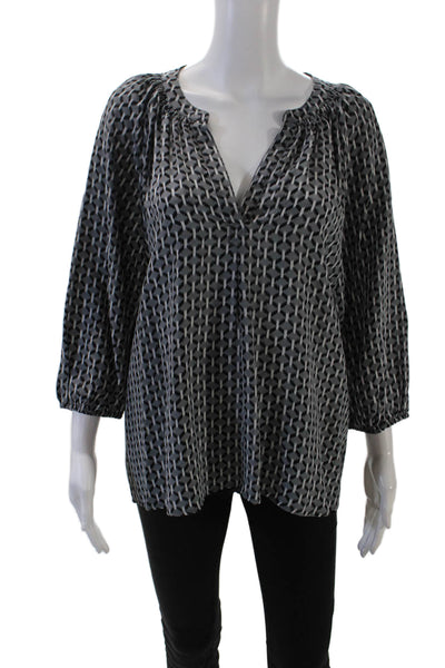 Joie Womens 3/4 Sleeve V Neck Abstract Silk Shirt Gray Black Size Medium