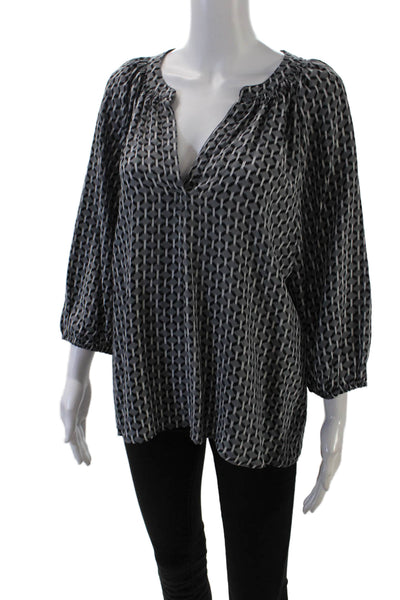 Joie Womens 3/4 Sleeve V Neck Abstract Silk Shirt Gray Black Size Medium