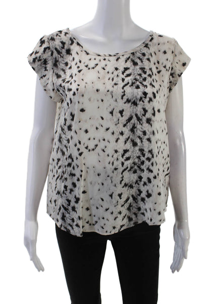 Joie Womens Short Sleeve Scoop Neck Leopard Print Silk Top White Black Small