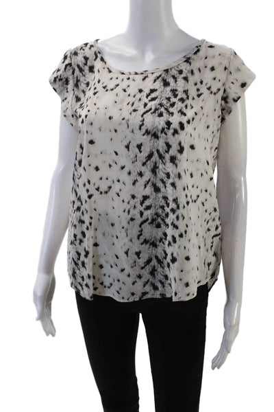 Joie Womens Short Sleeve Scoop Neck Leopard Print Silk Top White Black Small