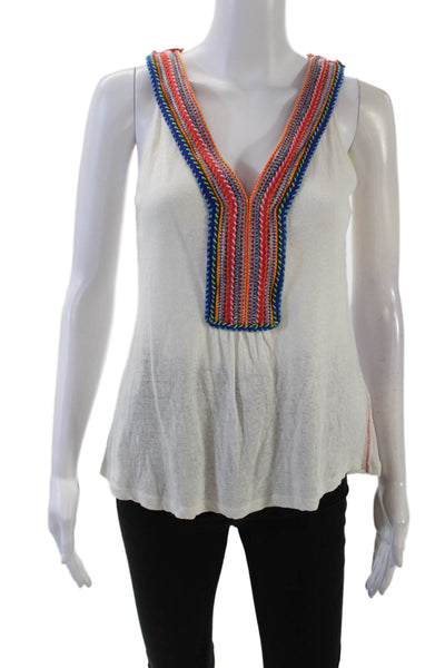 Akemi Kin Womens Sleeveless V Neck Embroidered Knit Top White Multi Size Medium