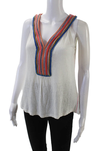 Akemi Kin Womens Sleeveless V Neck Embroidered Knit Top White Multi Size Medium