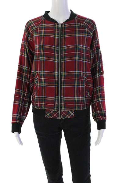 Sanctuary Womens Plaid Print Zip Up Long Sleeve Bomber Jacket Red Size S