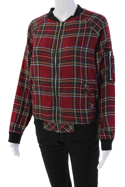 Sanctuary Womens Plaid Print Zip Up Long Sleeve Bomber Jacket Red Size S