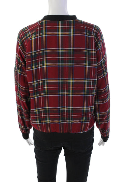 Sanctuary Womens Plaid Print Zip Up Long Sleeve Bomber Jacket Red Size S