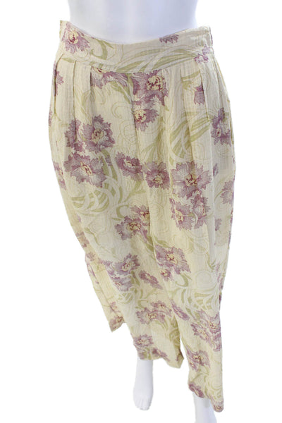 Vanessa Bruno Womens Floral Print Wide Leg Elastic Waist Pants Beige Size 40