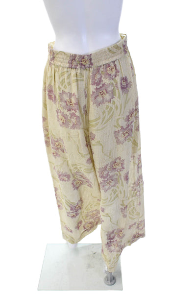 Vanessa Bruno Womens Floral Print Wide Leg Elastic Waist Pants Beige Size 40