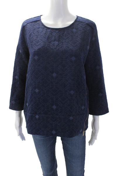 J Crew Womens 3/4 Sleeve Crew Neck Zipper Trim Blouse Navy Cotton Size 6