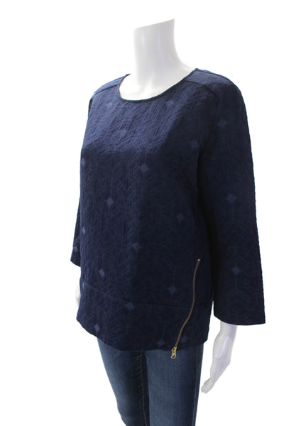J Crew Womens 3/4 Sleeve Crew Neck Zipper Trim Blouse Navy Cotton Size 6