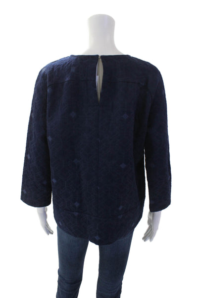 J Crew Womens 3/4 Sleeve Crew Neck Zipper Trim Blouse Navy Cotton Size 6