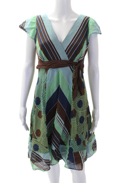 BCBGMAXAZRIA Womens Silk V Neck Short Sleeve Striped Dress Multi Size S