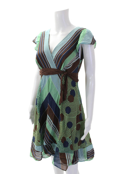 BCBGMAXAZRIA Womens Silk V Neck Short Sleeve Striped Dress Multi Size S