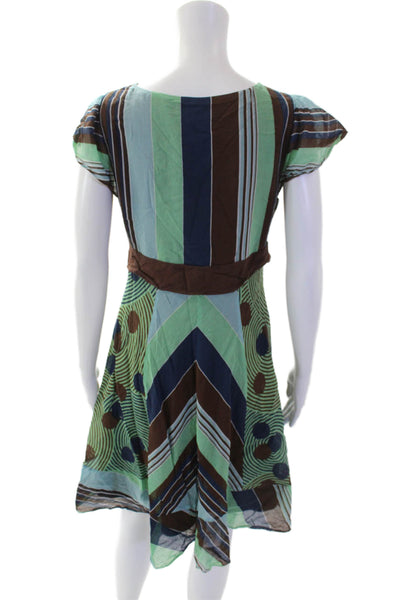BCBGMAXAZRIA Womens Silk V Neck Short Sleeve Striped Dress Multi Size S