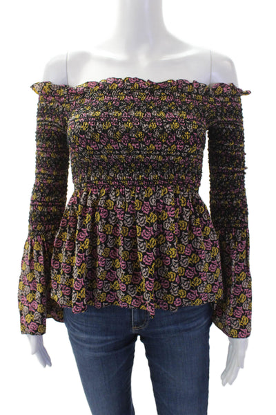 ALC Womens Silk Floral Print Smocked Off the Shoulder Blouse Multicolor Size 4