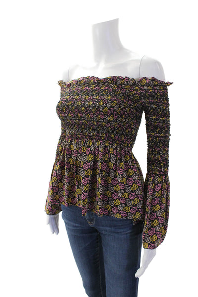 ALC Womens Silk Floral Print Smocked Off the Shoulder Blouse Multicolor Size 4