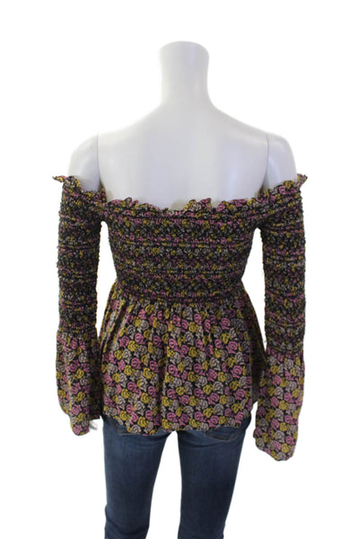 ALC Womens Silk Floral Print Smocked Off the Shoulder Blouse Multicolor Size 4