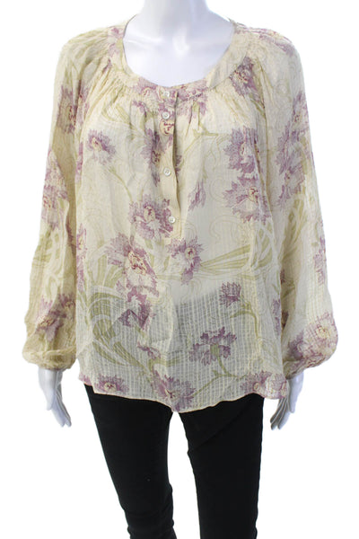 Vanessa Bruno Womens Floral Print Button Down Long Sleeve Blouse Beige Size 42