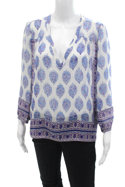 Joie Womens Long Sleeve V Neck Abstract Silk Sheer Top White Blue Size Medium