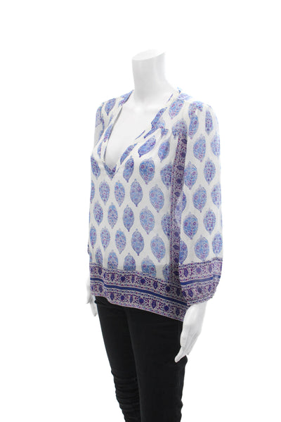 Joie Womens Long Sleeve V Neck Abstract Silk Sheer Top White Blue Size Medium