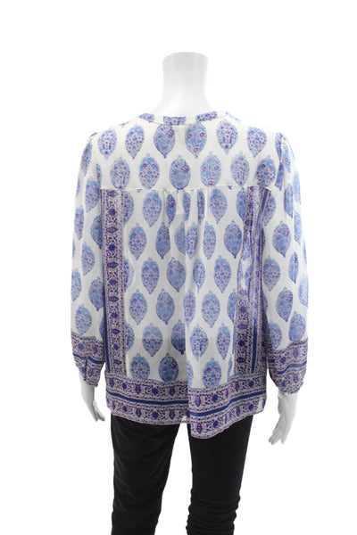 Joie Womens Long Sleeve V Neck Abstract Silk Sheer Top White Blue Size Medium