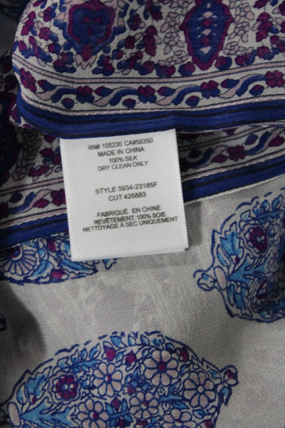 Joie Womens Long Sleeve V Neck Abstract Silk Sheer Top White Blue Size Medium