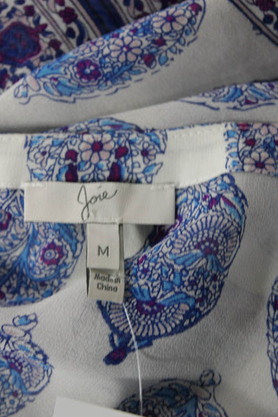 Joie Womens Long Sleeve V Neck Abstract Silk Sheer Top White Blue Size Medium