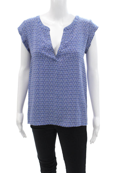 Joie Womens Short Sleeve V Neck Abstract Silk Top Blue White Size Small