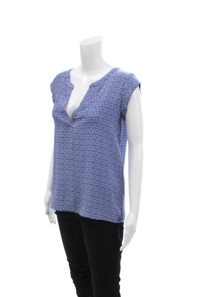 Joie Womens Short Sleeve V Neck Abstract Silk Top Blue White Size Small