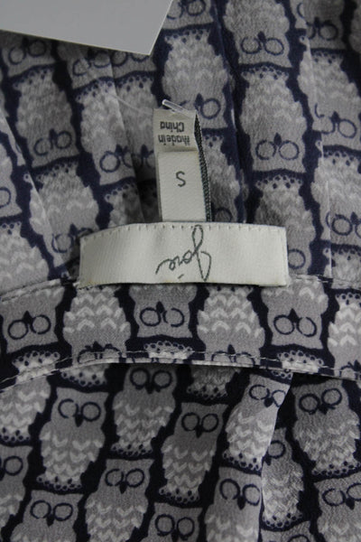 Joie Womens Sleeveless V Neck Silk Owl Blouse Gray Navy Size Small