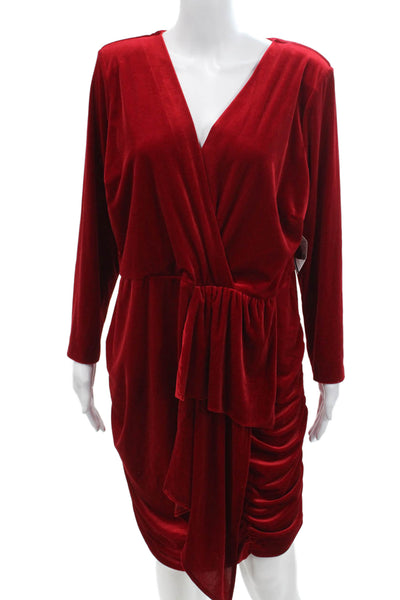 Alexia Admor Womens Velvet Ruched Long Sleeves V Neck Body Con Dress Red Size 1X