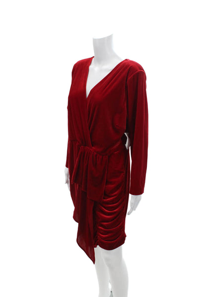 Alexia Admor Womens Velvet Ruched Long Sleeves V Neck Body Con Dress Red Size 1X
