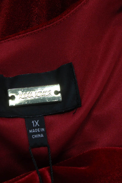 Alexia Admor Womens Velvet Ruched Long Sleeves V Neck Body Con Dress Red Size 1X