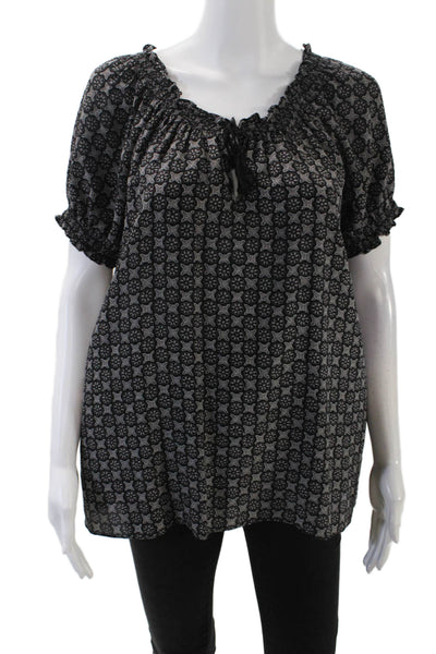 Joie Womens Short Sleeve Smocked Off Shoulder Abstract Top Black Gray Medium