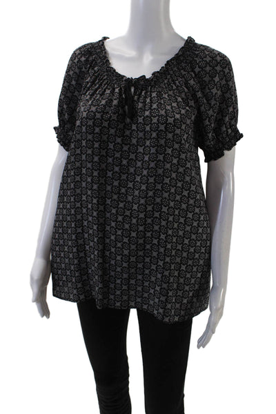 Joie Womens Short Sleeve Smocked Off Shoulder Abstract Top Black Gray Medium