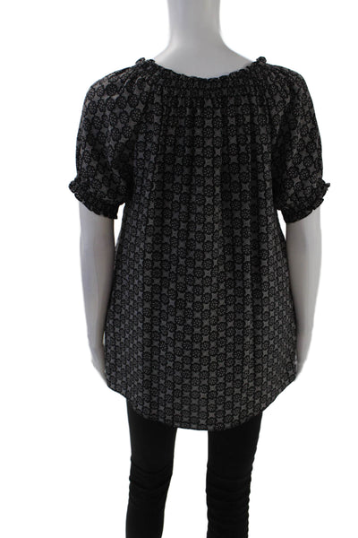 Joie Womens Short Sleeve Smocked Off Shoulder Abstract Top Black Gray Medium