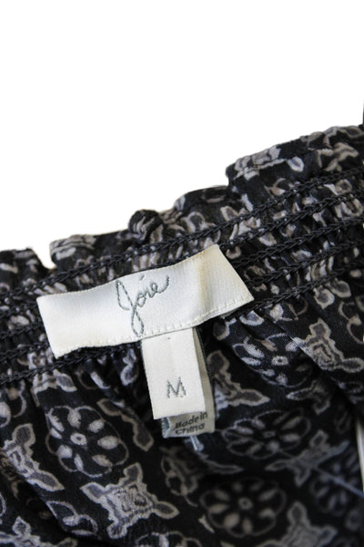 Joie Womens Short Sleeve Smocked Off Shoulder Abstract Top Black Gray Medium