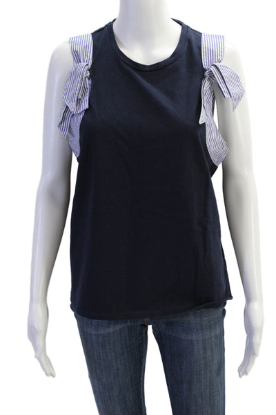 J Crew Womens Striped Trim Sleeveless Tank Top Navy Blue White Cotton Size Large
