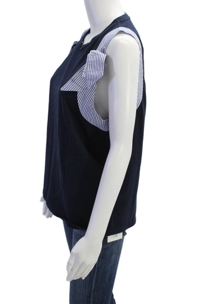 J Crew Womens Striped Trim Sleeveless Tank Top Navy Blue White Cotton Size Large