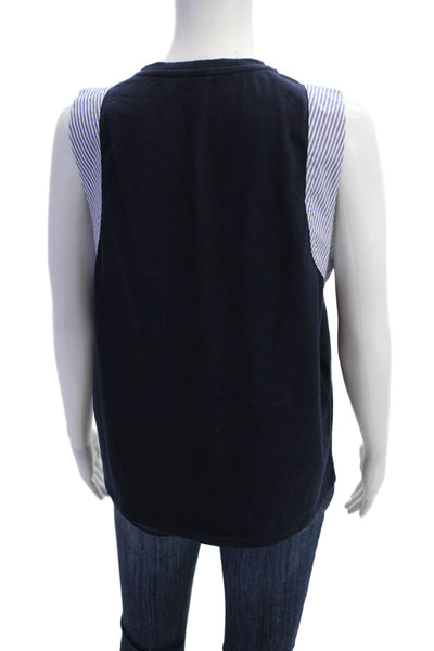 J Crew Womens Striped Trim Sleeveless Tank Top Navy Blue White Cotton Size Large