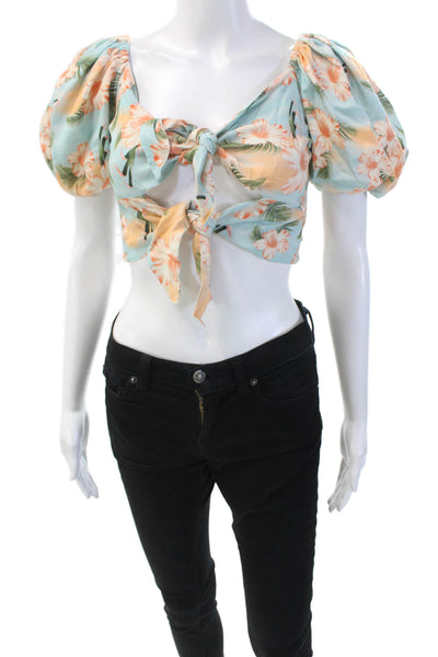 Agua Bendita Womens Puff Sleeve Floral Print Tie Front Crop Top Blue Size S